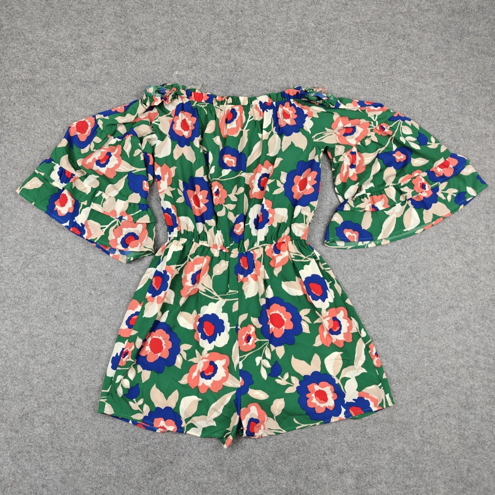 Andree Unit Romper Womens Small Medium Green Floral Off Shoulder Ruffle Sleeve